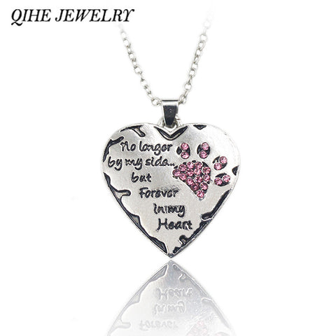 Silver Crystal Dogs Paw and Heart Necklace - "no longer be my side but forever in my heart"