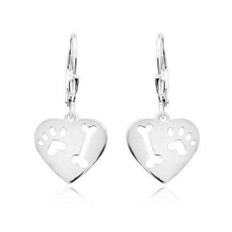 Paw and Bone Sterling Silver Drop Heart Earrings