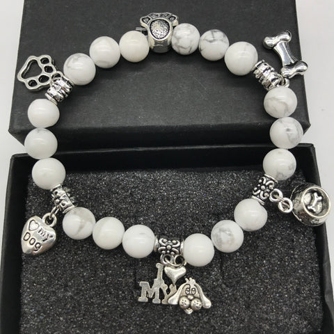 Natural Stone Dog Charm Bead Bracelet